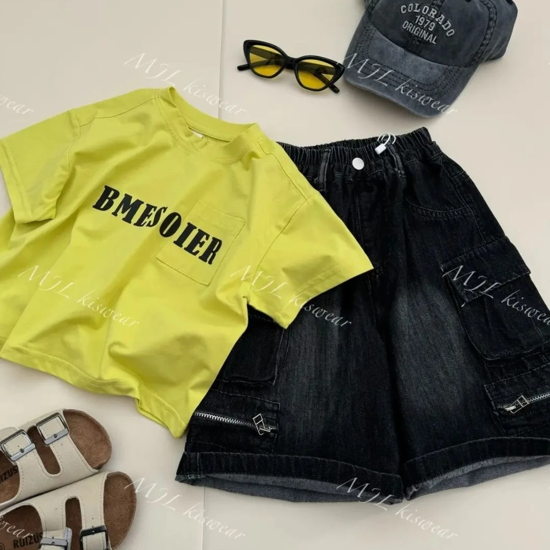 男童韩范短袖T恤中小儿童2025夏季帅气牛仔短裤男宝痞帅两件套装