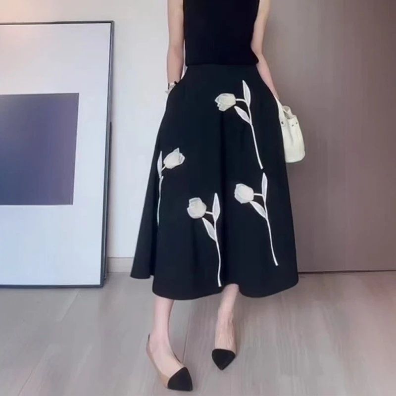 黑色立体花朵半身裙女2025夏季流行新款气质时髦高腰显瘦A字半裙
