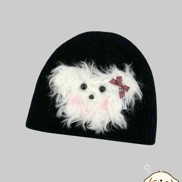 可爱腮红毛绒小狗针织毛线帽子女秋冬季保暖百搭显脸小护耳套头帽