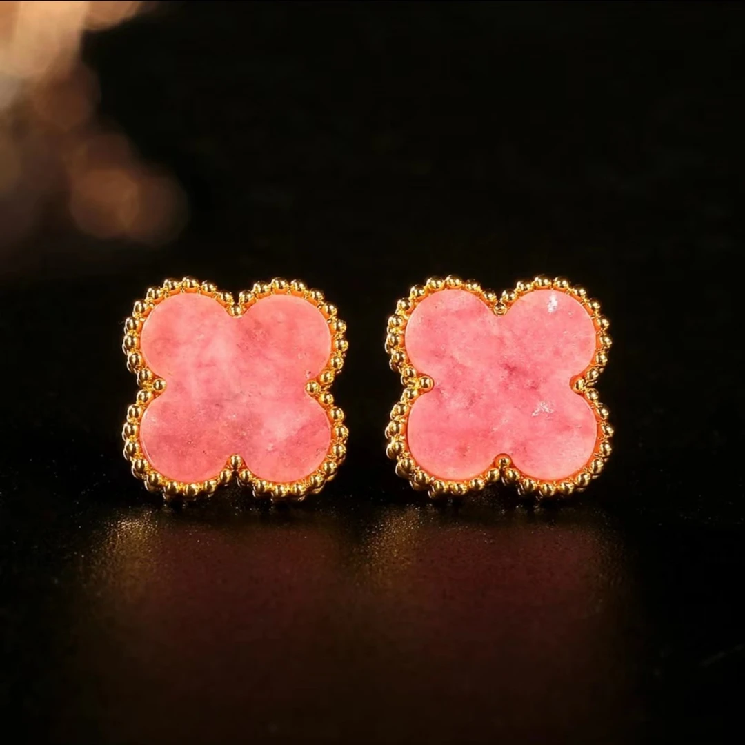 【佳佳专属】18k金蔷薇石轻奢13mm四叶耳钉 时尚气质百搭