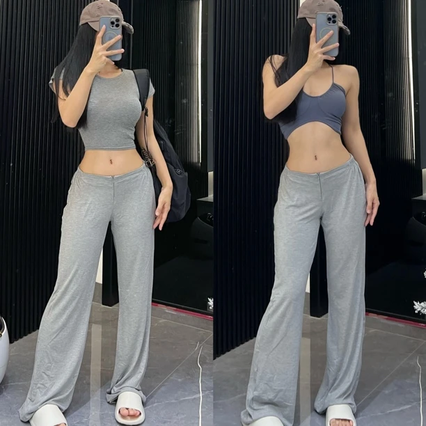 【大严家】高级灰运动套装纯欲少女V腰拉链显瘦阔腿长裤显腿长垂感