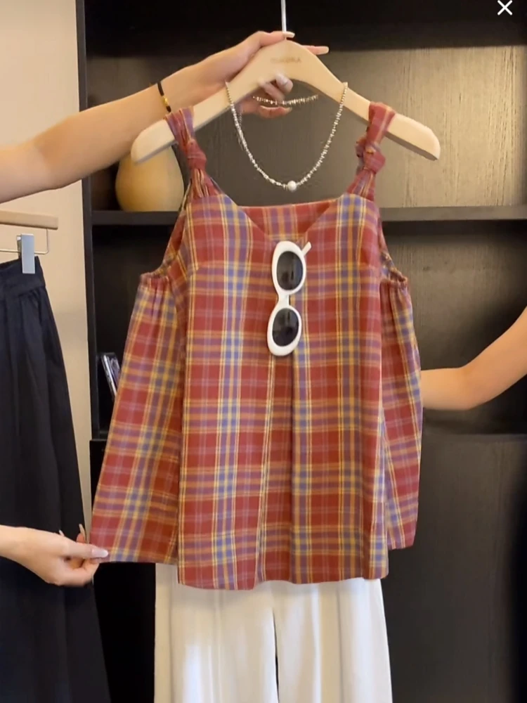 甜美可爱风格衣服韩系风复古红格子别致扭结无袖吊带洋气衣服女夏