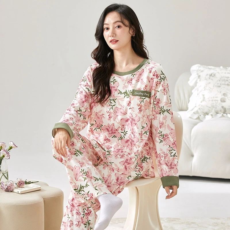 【带胸垫】秋季新款休闲宽松大码圆领长袖长裤家居服套装EI259