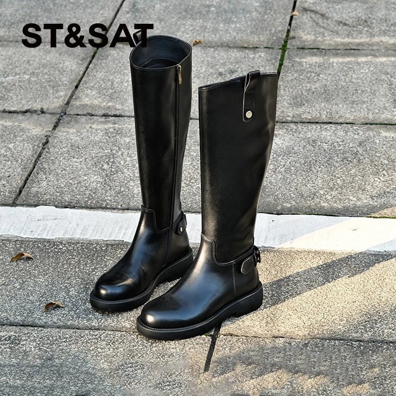 星期六秋冬新款女鞋爆款时装靴时尚厚底真皮牛皮真皮高筒靴长靴