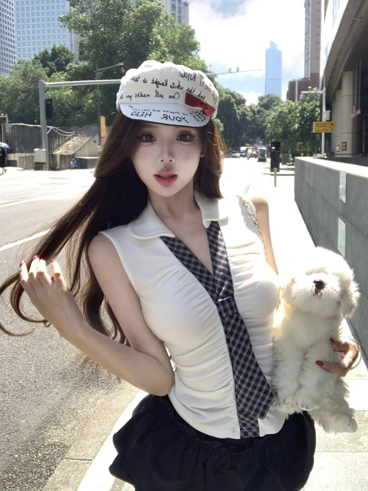 【Yik专属】学院风领带吊带背心女辣妹性感v领鱼骨抹胸上衣