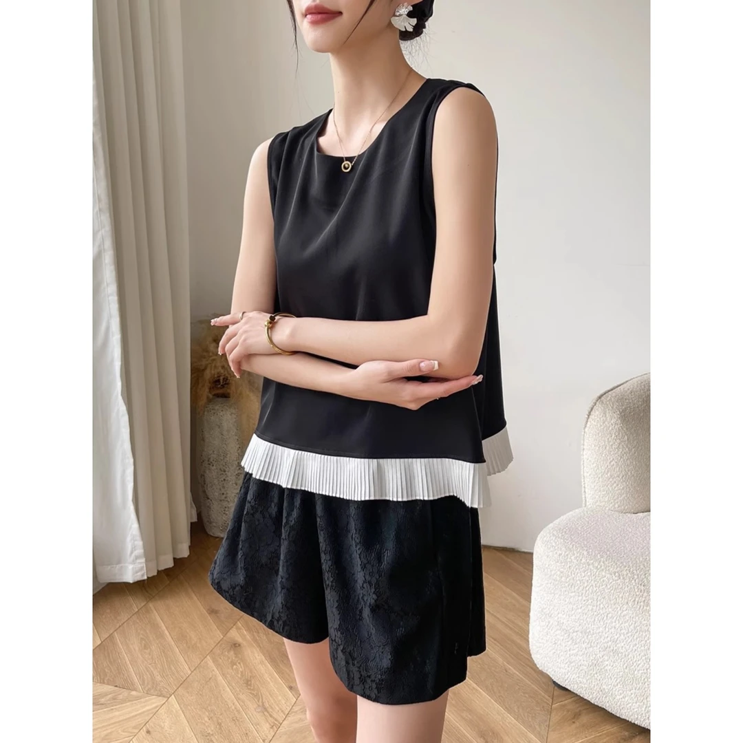 黑色无袖吊带背心女夏外穿马甲拼接内搭打底西装圆领上衣2025新款