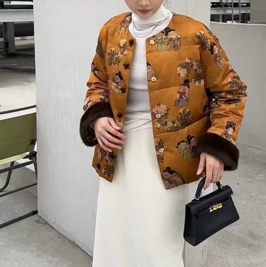 嘉嘉推荐#8930 【冬季夹棉加厚】国风新中式毛毛袖蝴蝶结棉服