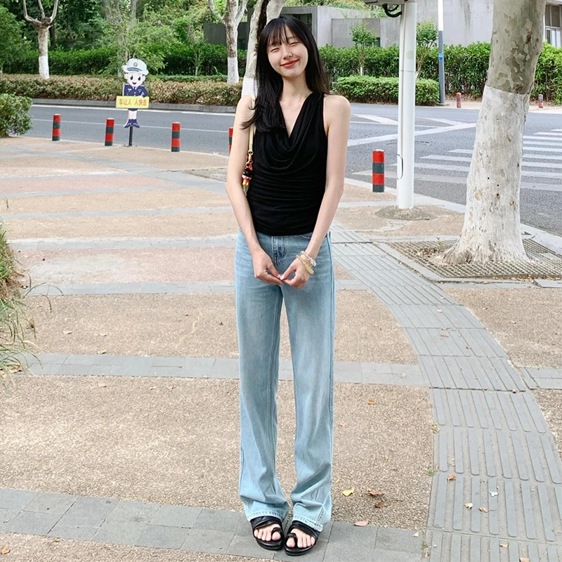 浅蓝色窄版直筒牛仔裤女高腰显瘦显高百搭宽松阔腿加长拖地长裤子