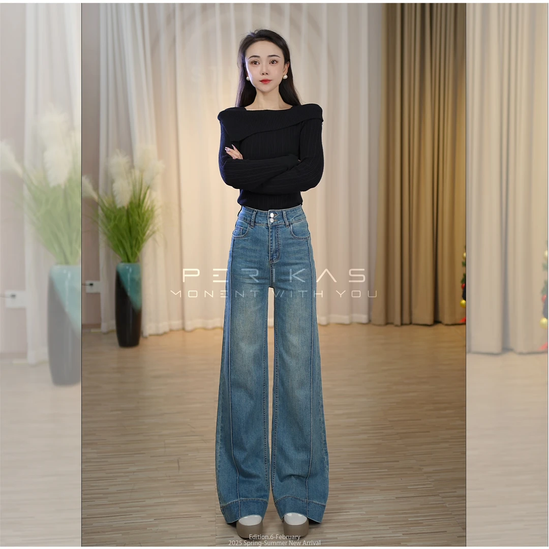 【通用962a】春款复古蓝新品显高显瘦时尚百搭牛仔裤女阔腿裤