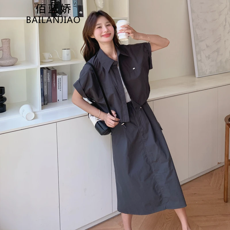 灰色高级感工装时尚套装裙女夏2025新款休闲减龄显瘦半身裙两件套