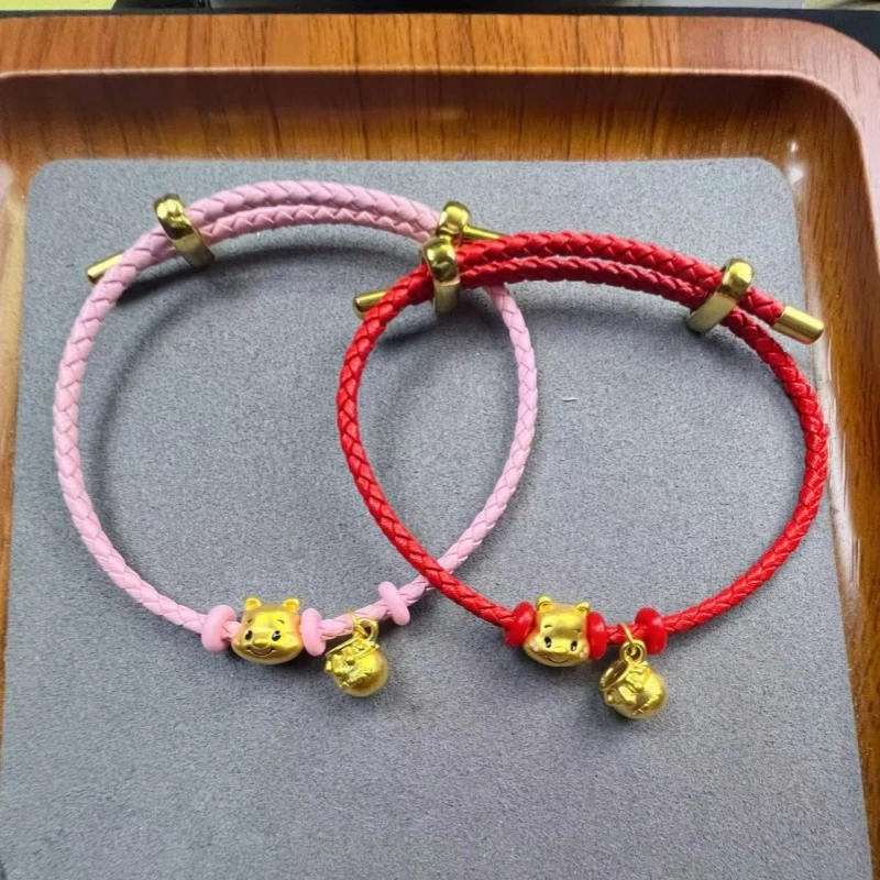 正品纯金维尼小熊蜜罐吊坠黄金手链女足金999本命年红手绳送女友