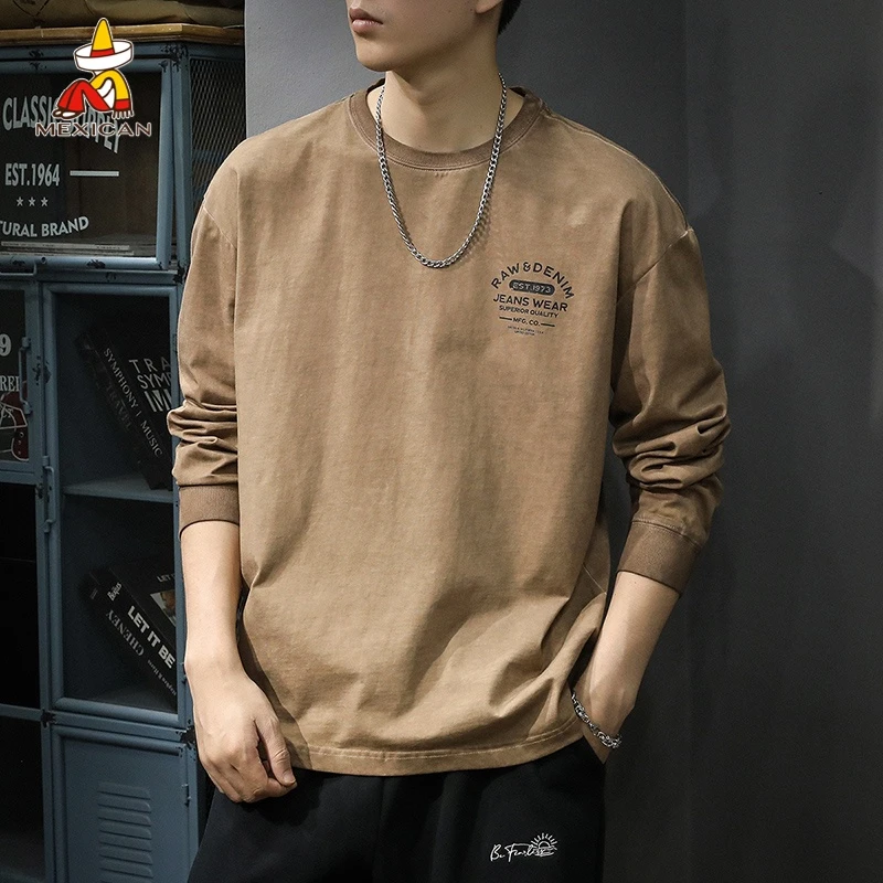 Mexican/稻草人美式重磅水洗纯棉长袖t恤男宽松秋季圆领打底衫潮