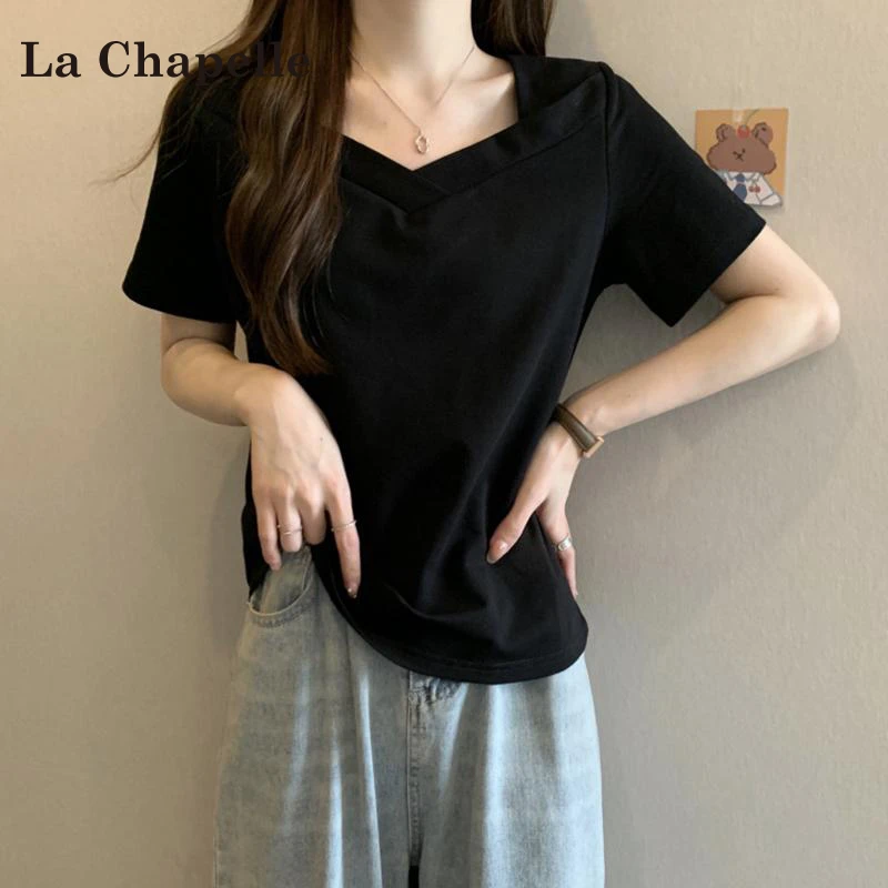 拉夏贝尔方领正肩短袖黑色t恤女2025夏季新款大码宽松设计感上衣