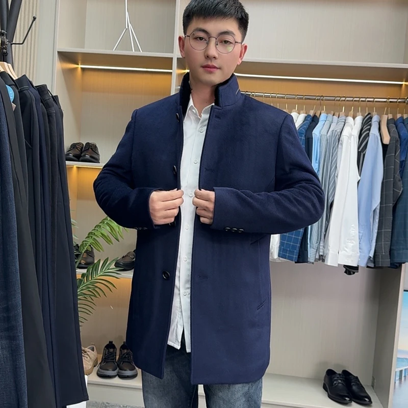 保暖厚实撤柜男装毛呢大衣男中长款冬季藏青男士休闲纯羊毛呢子