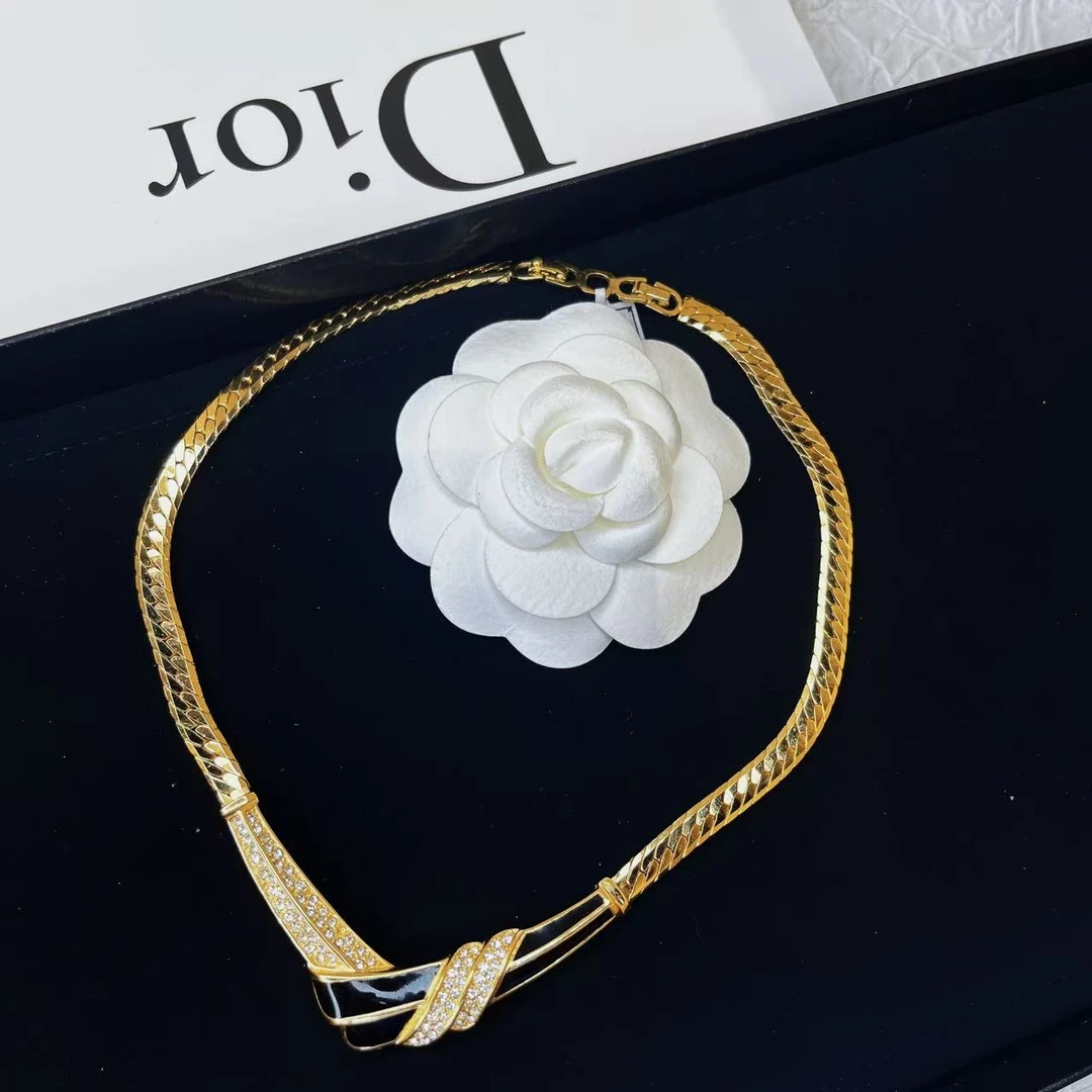 95新 DIOR/迪奥 柚礼中古/迪奥黑金莱茵石项链lf505019
