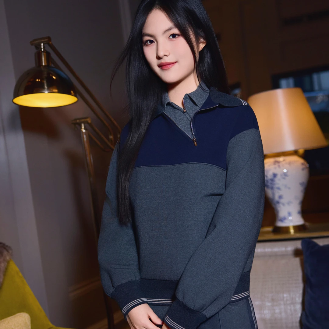 欧美王诗龄同款撞色翻领套头拉链长袖卫衣上衣女2025秋冬新款