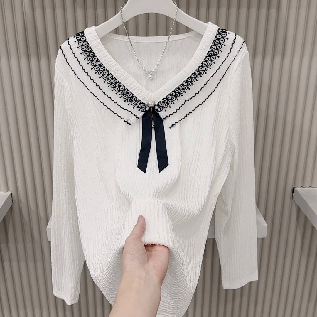 春季新款2055V领花边拼接时尚减龄大码百搭打底上衣