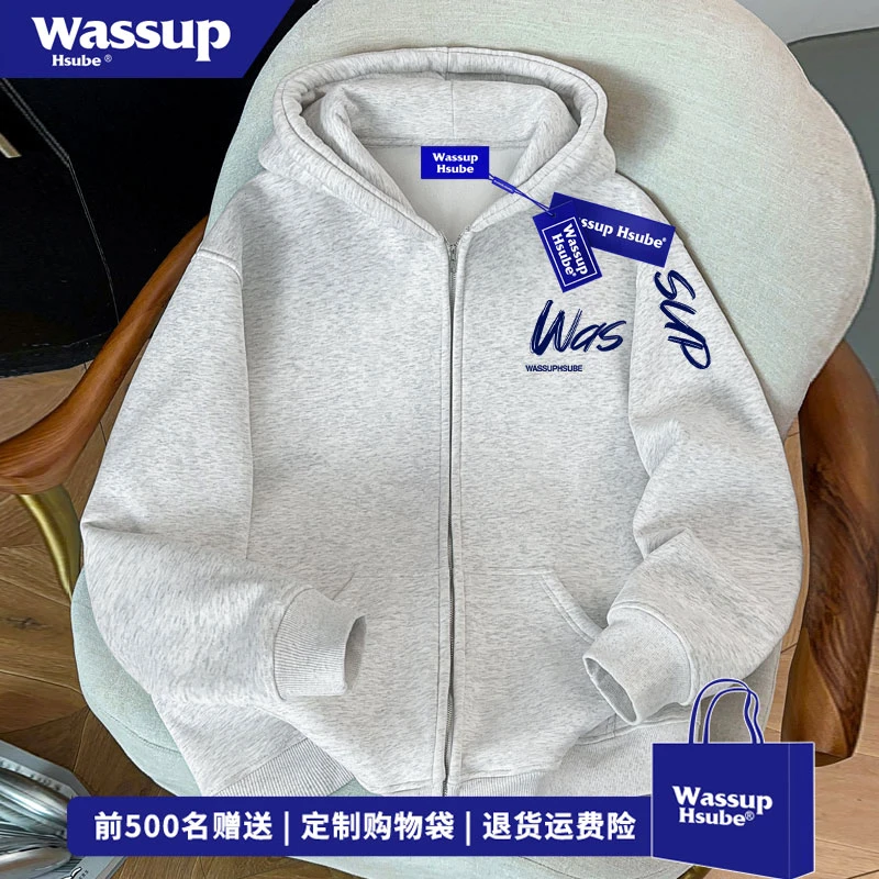 WASSUP HSUBE 秋冬季休闲百搭开衫卫衣美式个性字母印花连帽外套