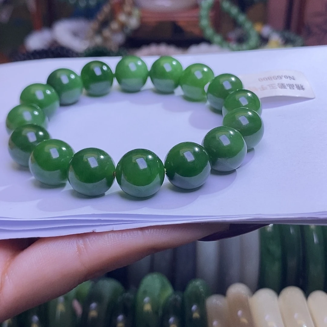 和田玉未镶嵌颈饰碧玉满色满绿老矿料收藏约13mm手串