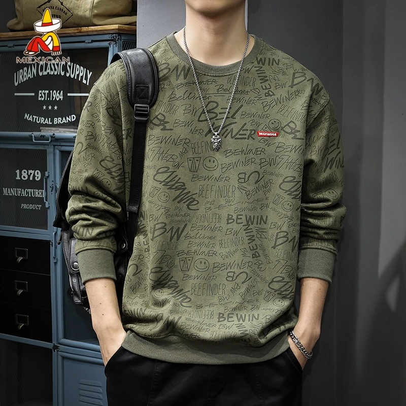 Mexican/稻草人春秋新款圆领卫衣男美式加厚加绒男士长袖上衣外套