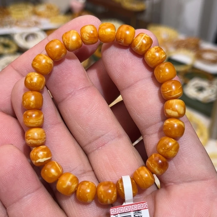 琥珀未镶嵌手链微瑕橘底瓷白虎皮妖花蜡8.6mm
