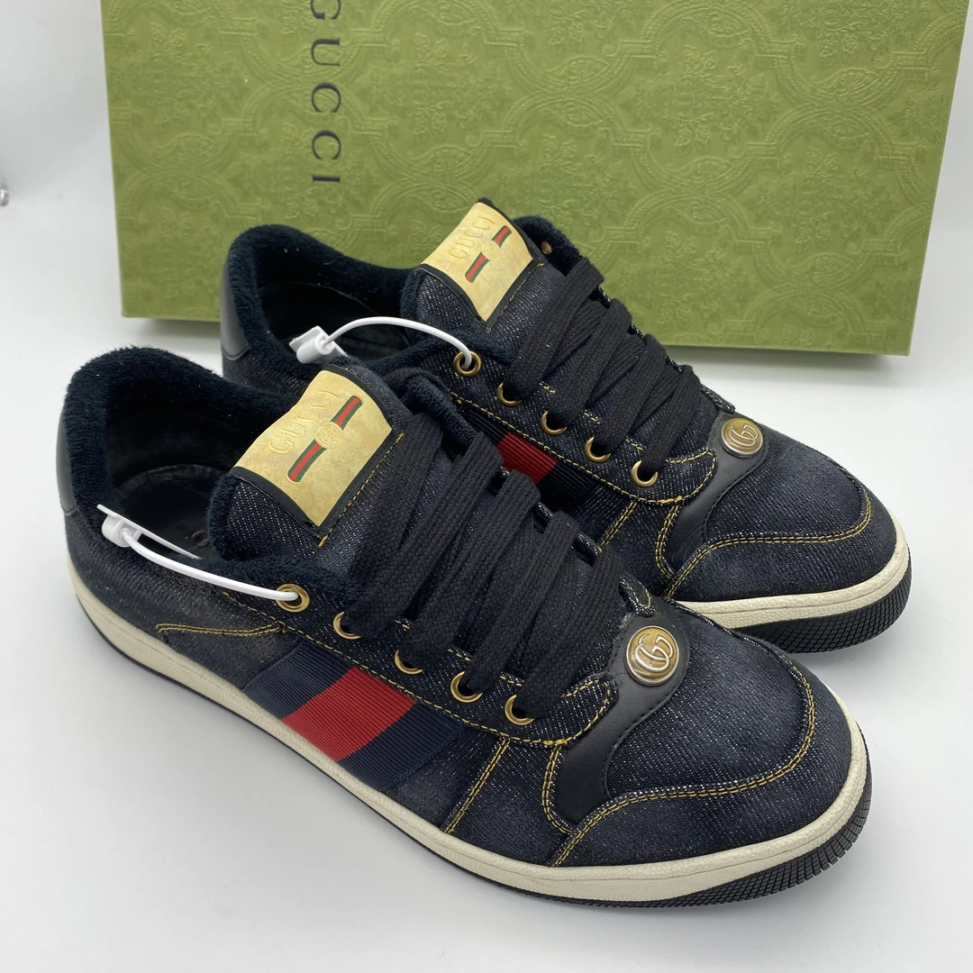 99新 GUCCI/古驰 40.5欧码/黑灰色牛仔帆布系带脏脏鞋/带盒仅试穿