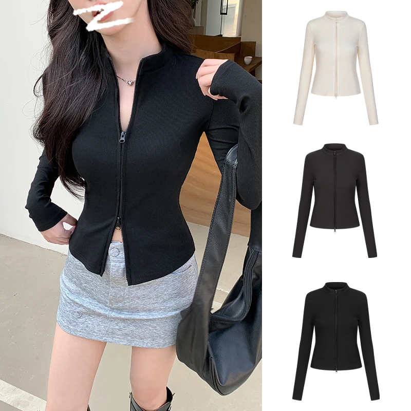 醉梓菡美式双拉链抗条立领修身掐腰开衫上衣百搭户外运动健身卫衣