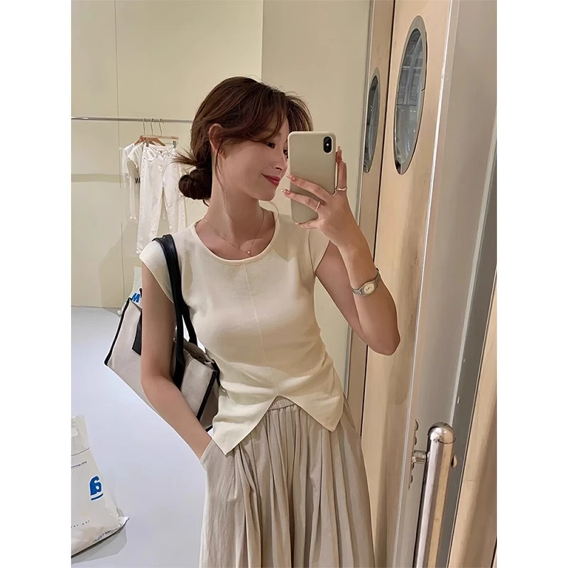 法式针织小飞袖短袖t恤女夏季新款辣妹别致不规则开叉坎肩薄上衣