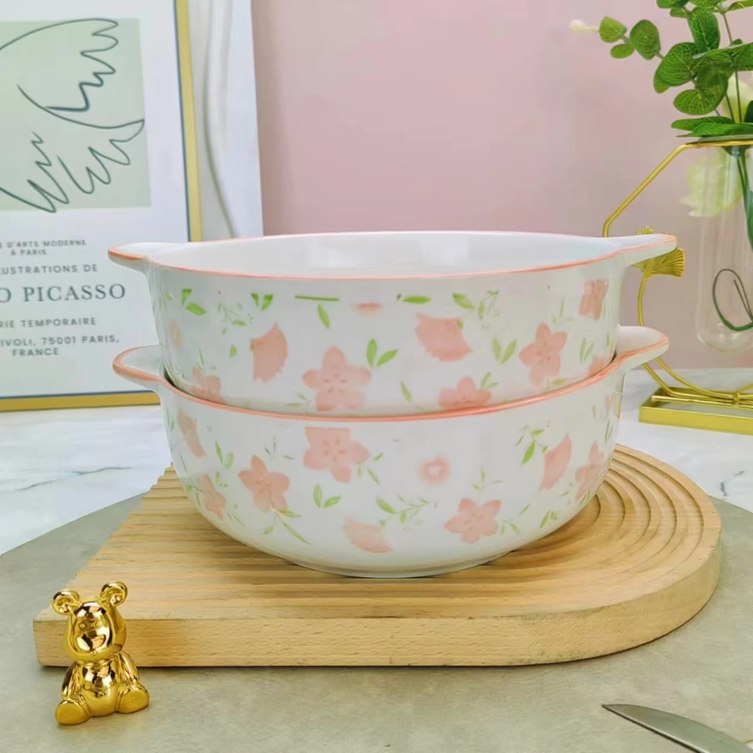 十里桃花双耳碗2只内径20.5cm（加双耳:24.5cm） 包邮到家