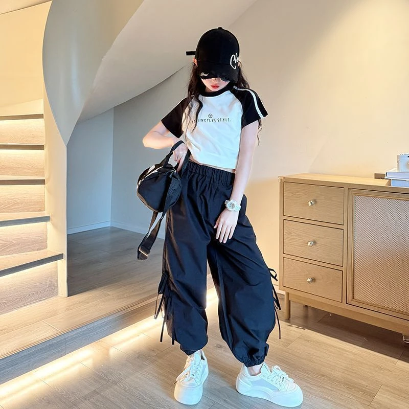 2025新款儿童速干工装裤中大童短款两件套女童夏装潮流街舞穿搭