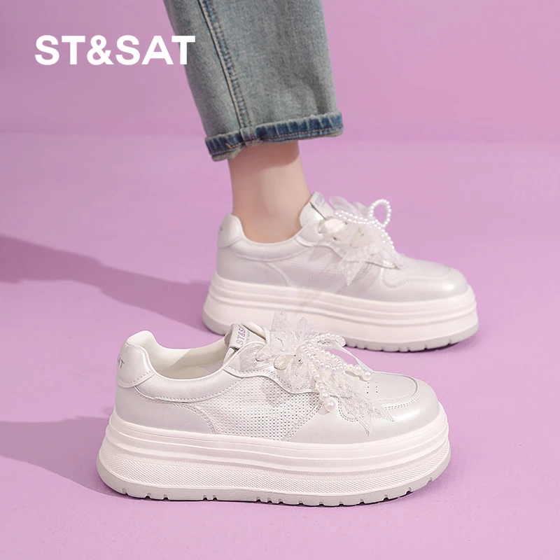 星期六2025春季新款透气时尚休闲松糕底板鞋女百搭小白鞋韩版增高