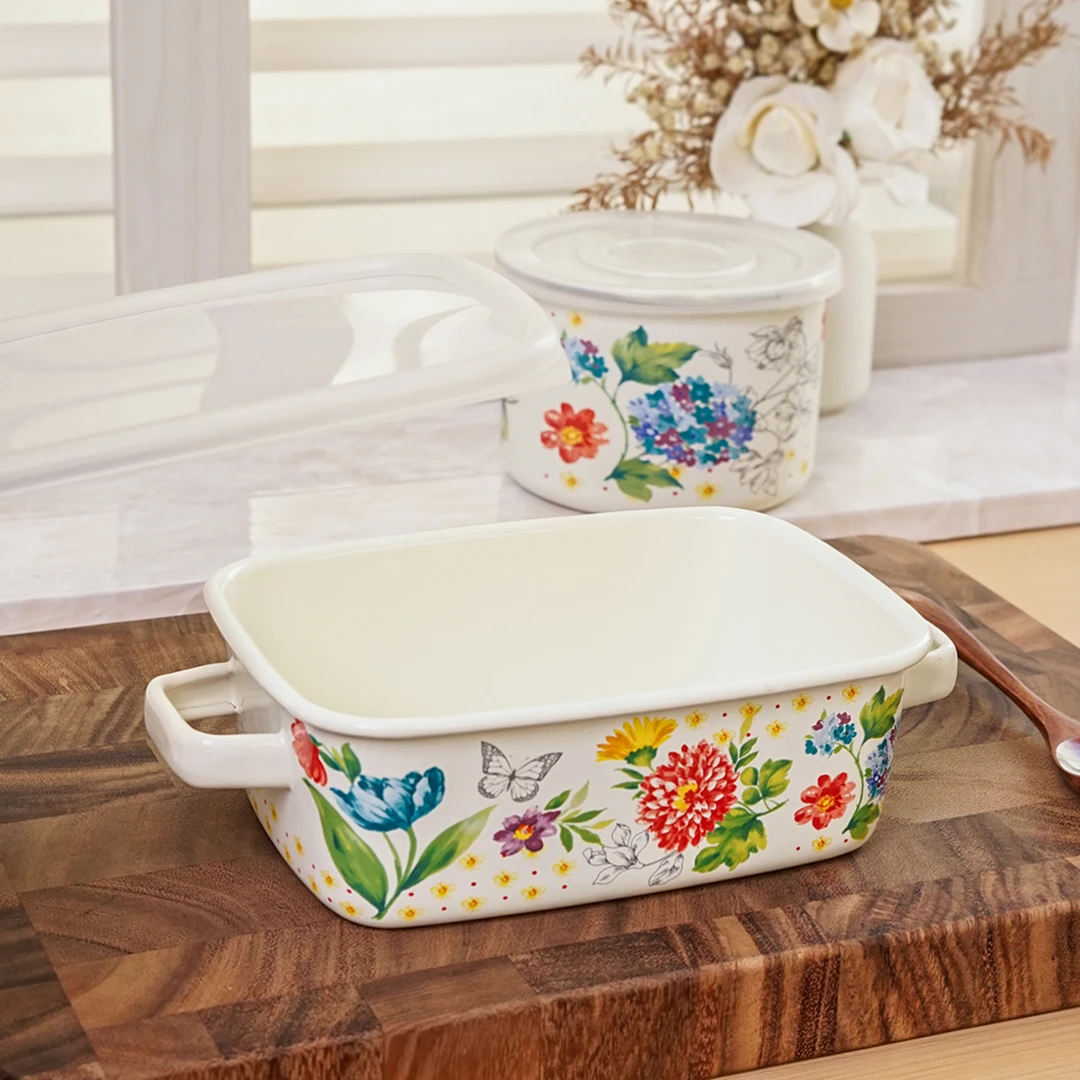 肥龙珐琅卷边搪瓷长方密封保鲜盒双耳烤盘饭盒TPE盖冰碗仿陶瓷碗*