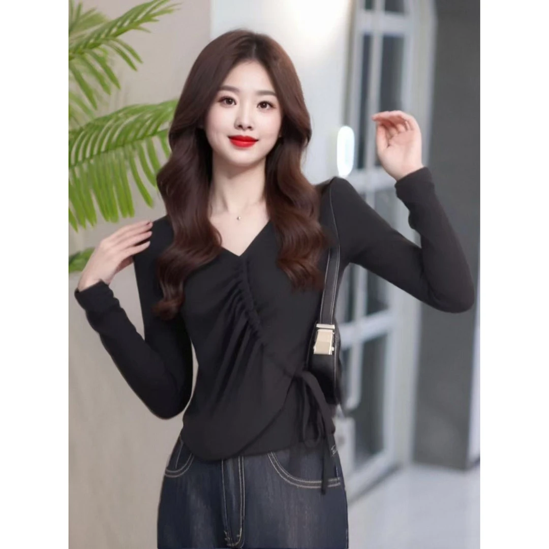 早秋百搭胖mm显瘦长袖上衣女春季奢感气质内搭学生时尚德绒打底衫