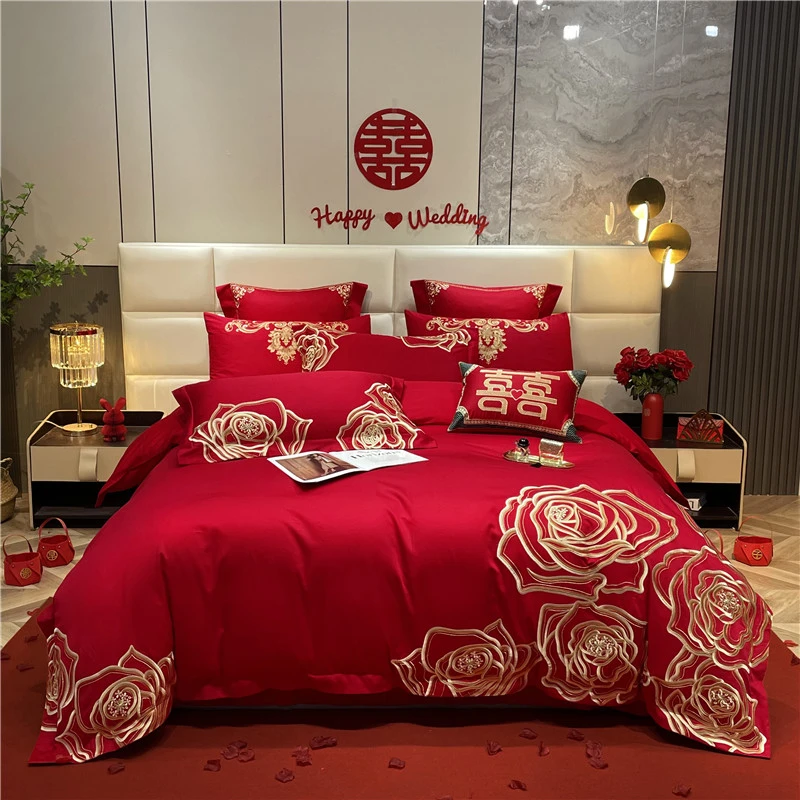 富安娜高档婚庆长绒棉四件套贡缎全棉纯棉大红色新婚嫁喜被六件套