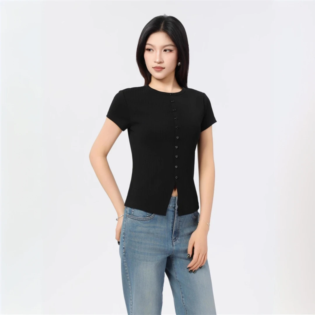 哥弟130031 新款简约修身百搭前中小开叉设计套头短袖T恤纯色