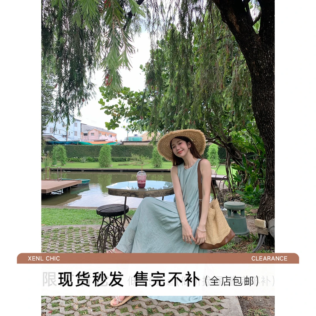 清仓陳文文【夏诺赫本】夏季极简风温柔显瘦显白无袖背心连衣裙5567