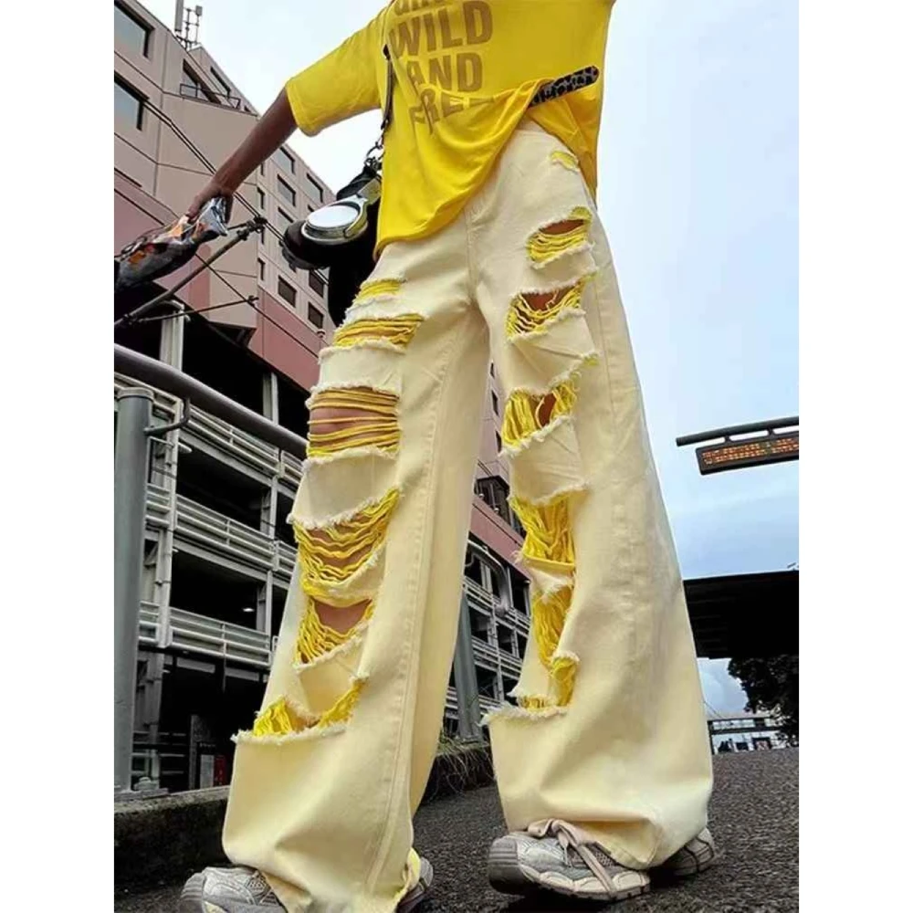 美式大面积破洞牛仔裤女2025夏季新款ins高街小众宽松直筒阔腿裤