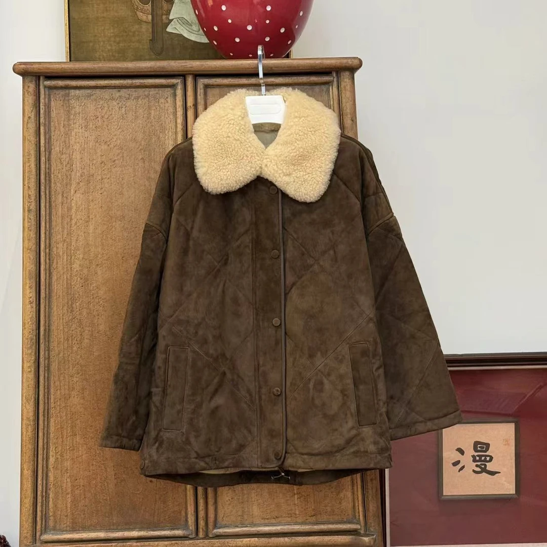 MYL 2024秋冬季新品羊皮革棉服翻领长袖休闲宽松拼色复古外套