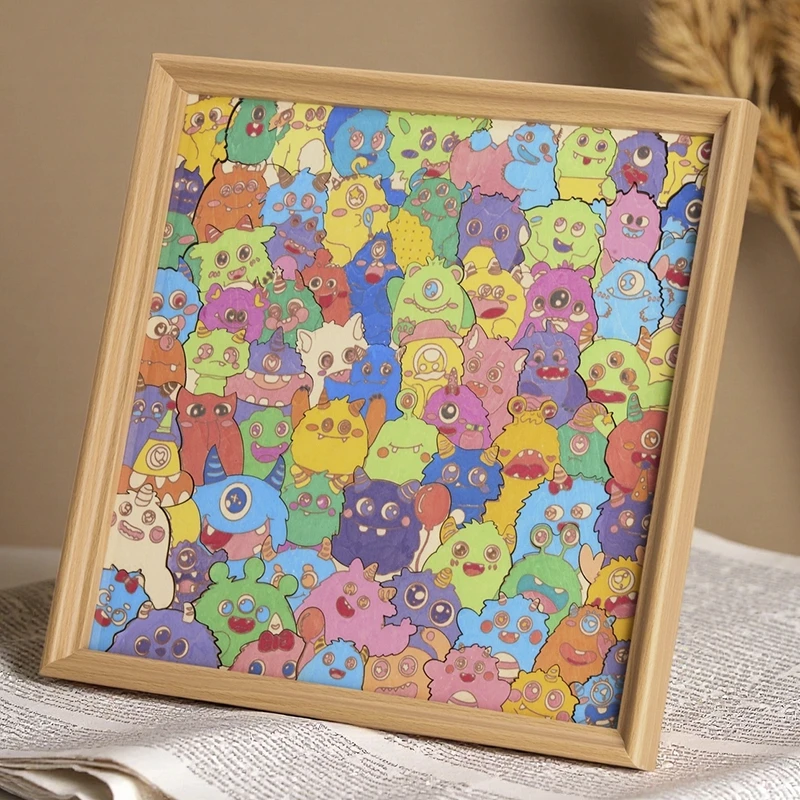 木制拼图小怪兽diy手绘涂鸦异形不规则木质拼图益智生日礼物氛围