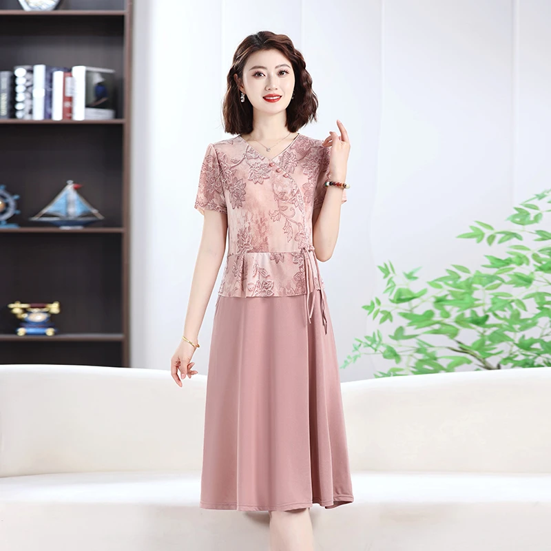 中年妈妈夏季时尚假两件短袖连衣裙女装新中式气质收腰显瘦中长裙