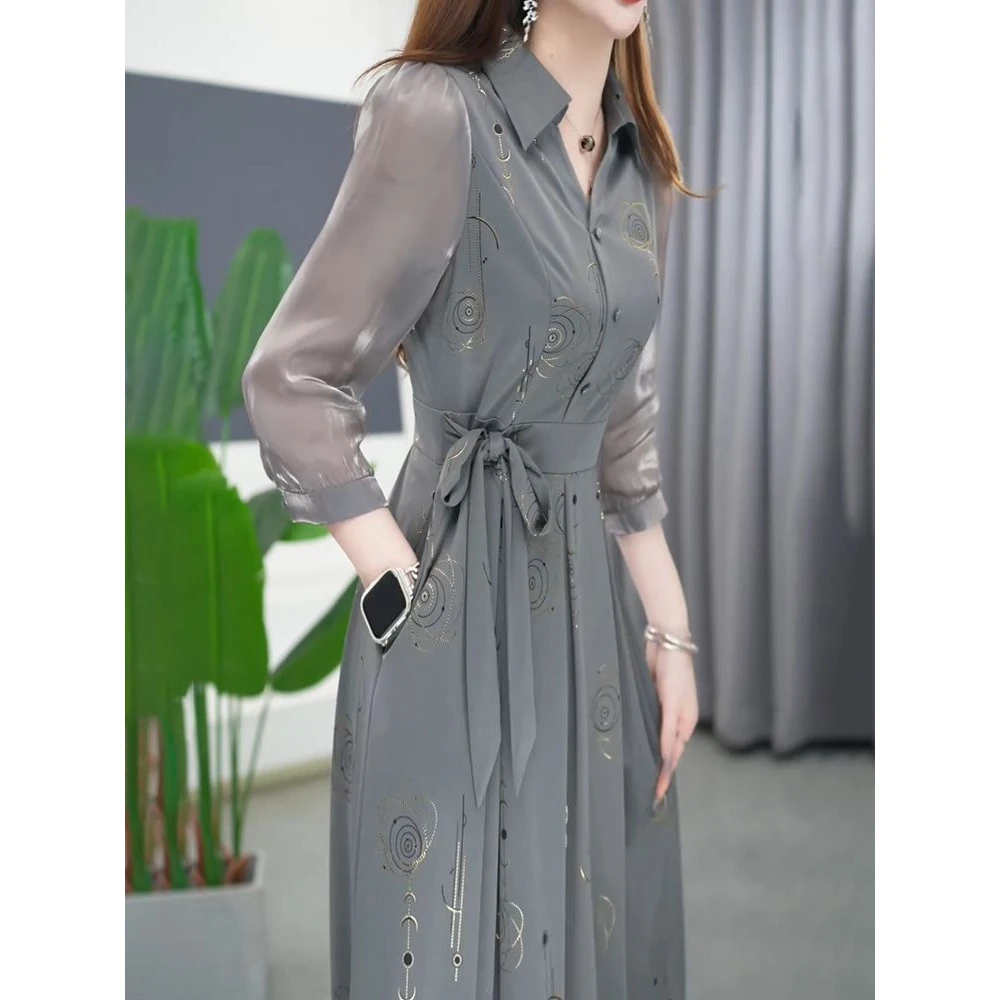 1夏季新款轻奢A字裙中长显瘦长袖POLO领时尚连衣裙