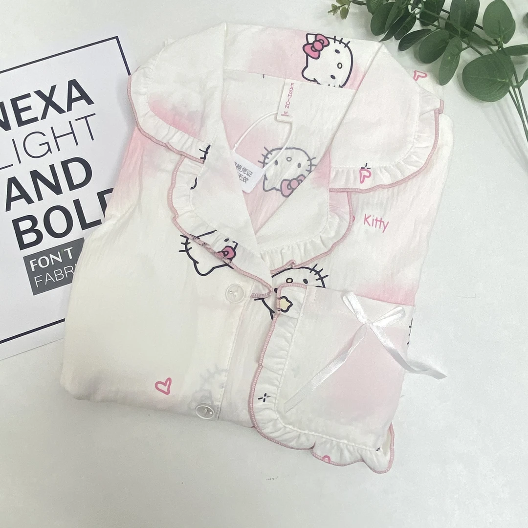 012#【薄款带胸垫】云朵棉粉色KT猫长袖长裤开衫女士睡衣套装家居服