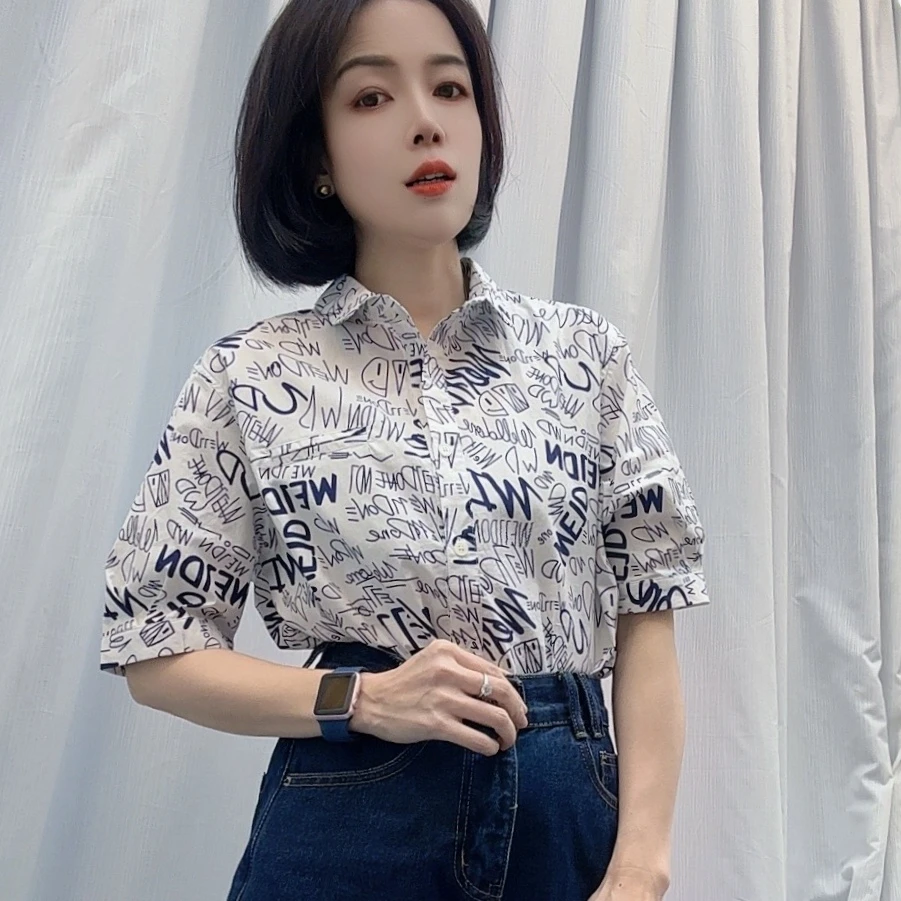 H095港风印花棉衬衫女2025夏新款休闲时尚减龄显瘦百搭短袖衬衣潮
