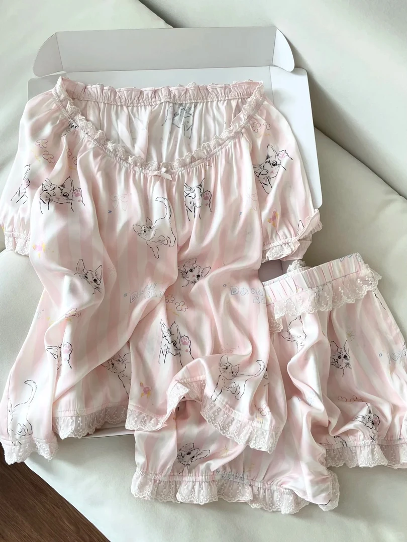 【DMXJ大梦想家】甜美纯欲可爱小猫冰丝睡衣女夏季新款家居服两件套