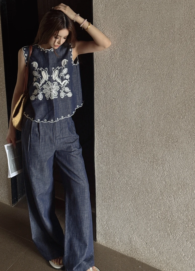 【JINJIN】2025夏季新款小众设计款背心套装+长裤（6065)NO退NO换