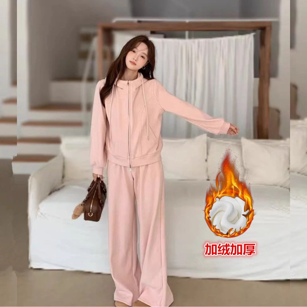 加绒韩版休闲连帽卫衣套装女2025秋冬季百搭减龄显瘦阔腿裤两件套