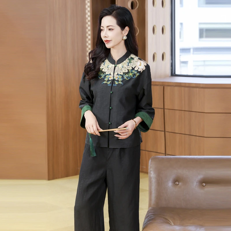 龟纹香云纱新中式古典风刺绣2025夏季松紧腰阔腿裤桑蚕丝两件套装