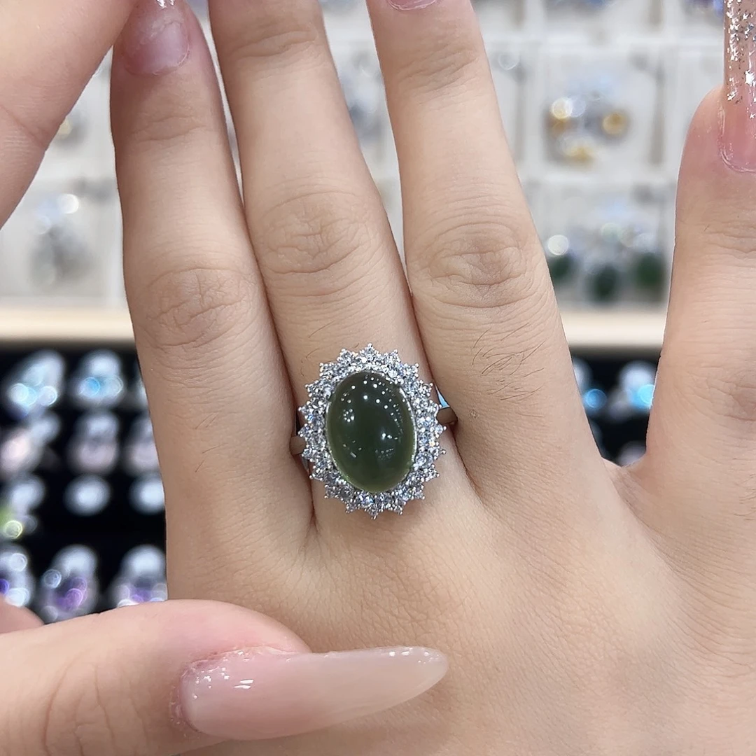 美***生岫玉银S925镶嵌戒指