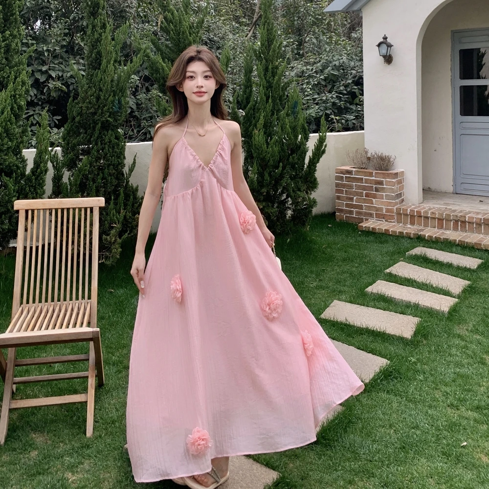 大码法式粉色v领吊带连衣裙女梨形身材显瘦遮肉温柔风气质长裙子