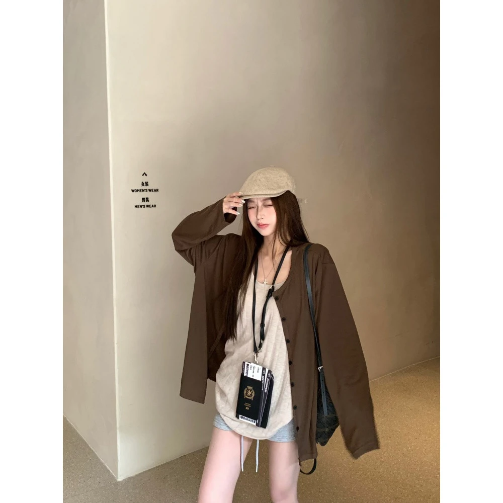 慵懒风辣妹薄款宽松长袖防晒开衫吊带背心女2025夏季新款时尚套装